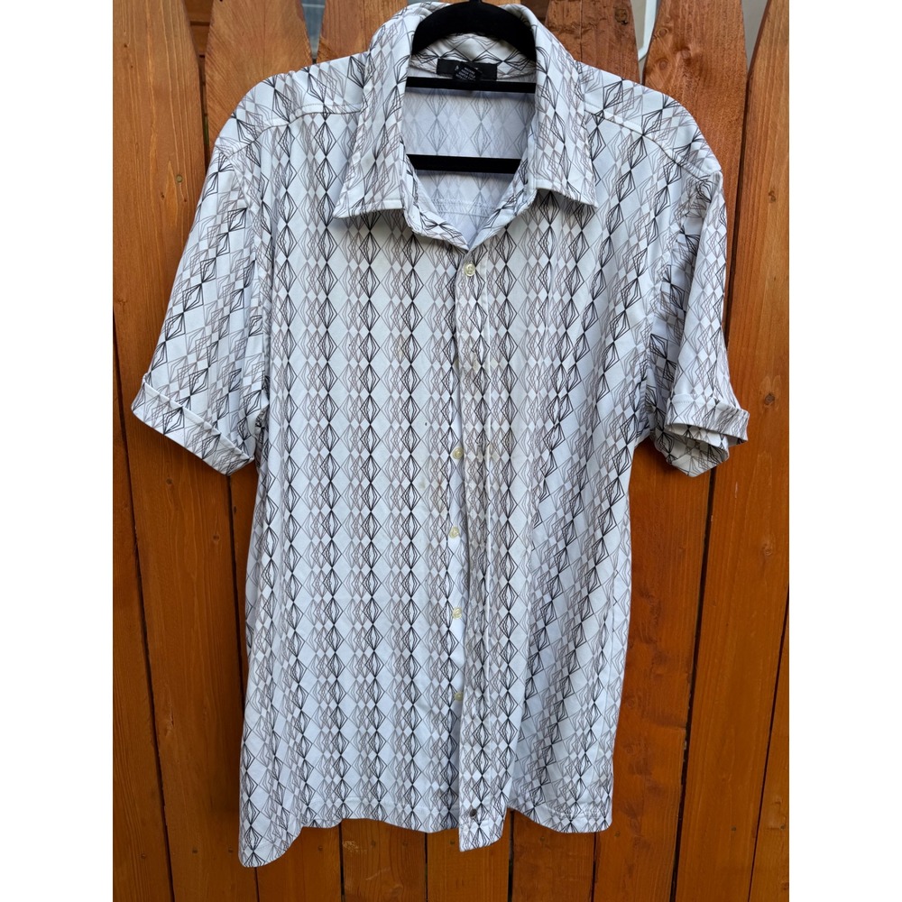 Alfani Mens Large Short Sleeve Button Down Shirt Geometric Diamond Print White